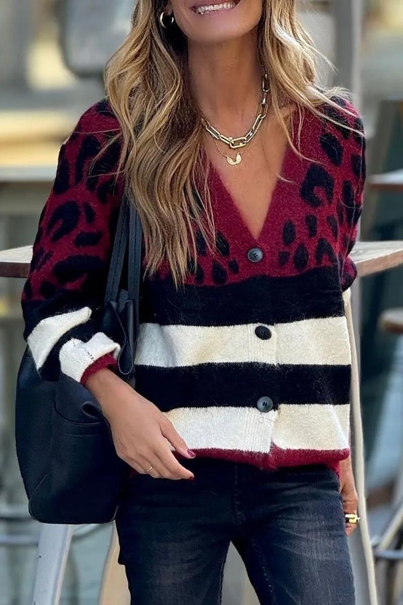 Casual Leopard Print Striped Knitted Sweater Cardigan